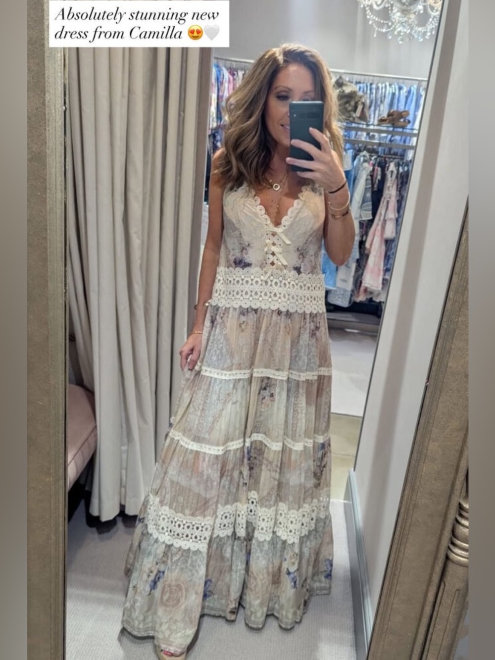 Camilla Trapeze Tired Dress. Cream Floral Lace Maxi Dress